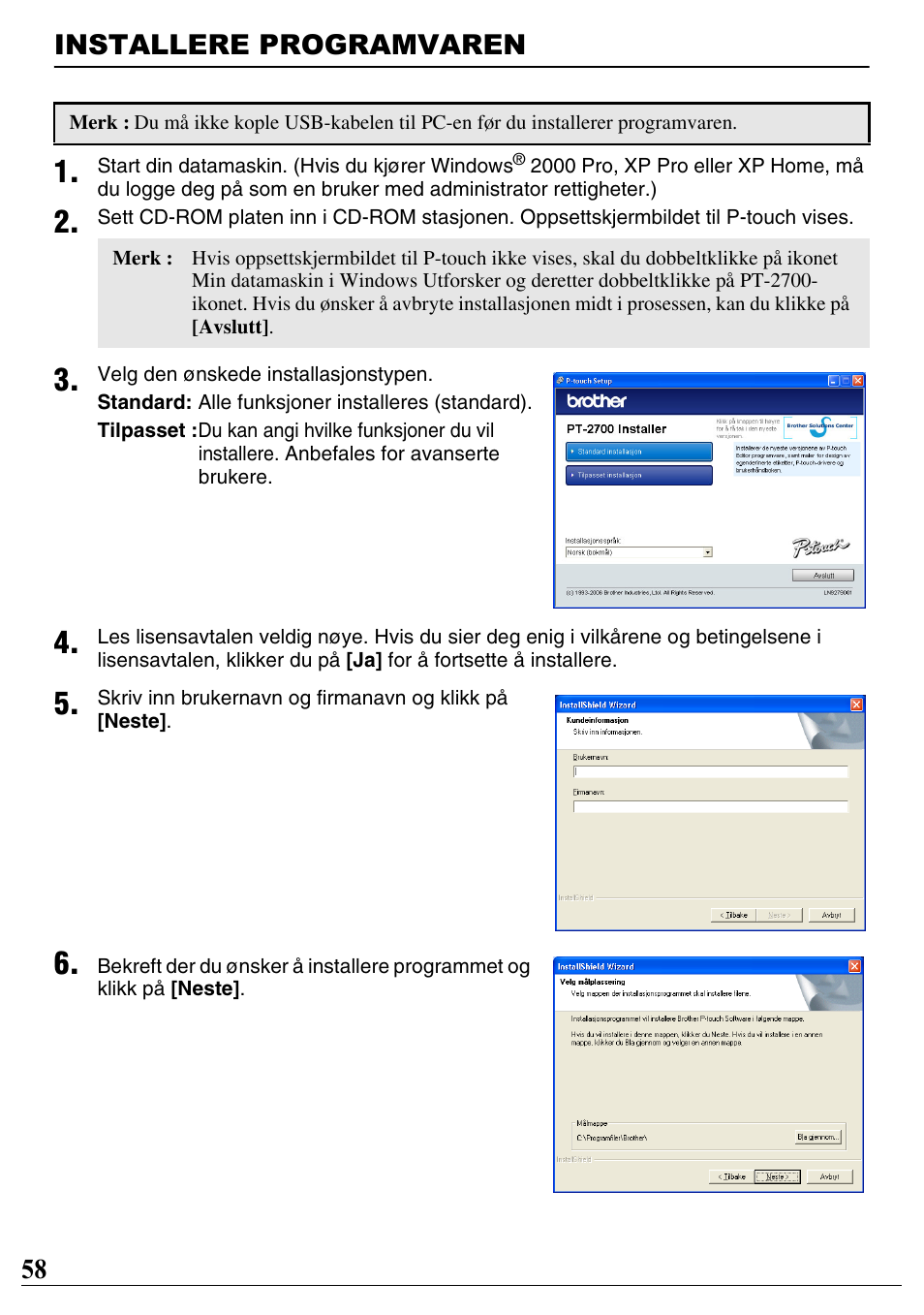 Installere programvaren, 58 installere programvaren | Brother PT-2700 User Manual | Page 59 / 90