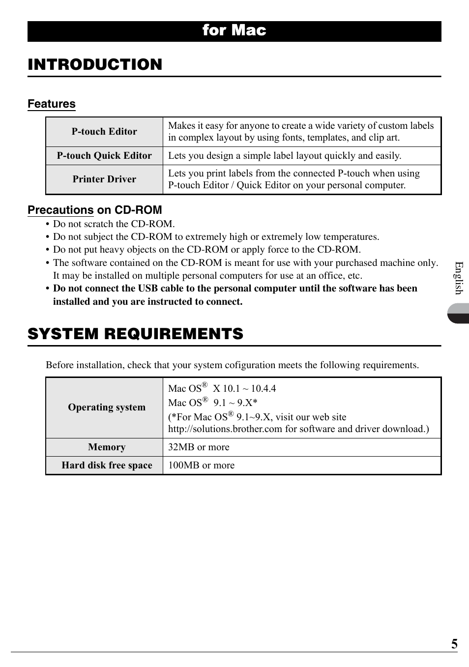 For mac, Introduction, System requirements | Brother PT-2700 User Manual | Page 6 / 90