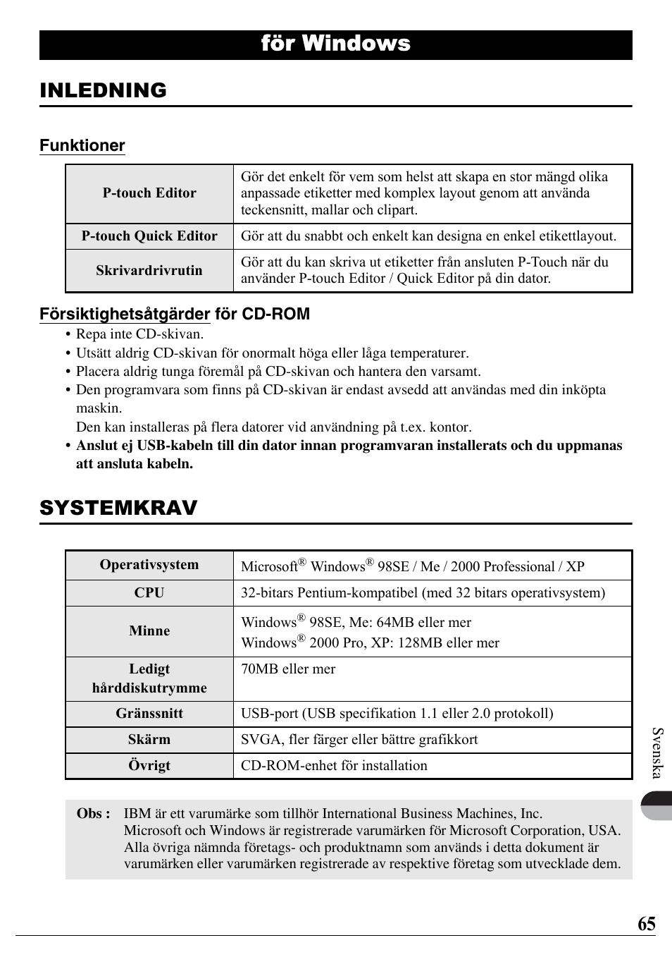 Svenska, För windows, Inledning | Systemkrav | Brother PT-2700 User Manual | Page 66 / 90