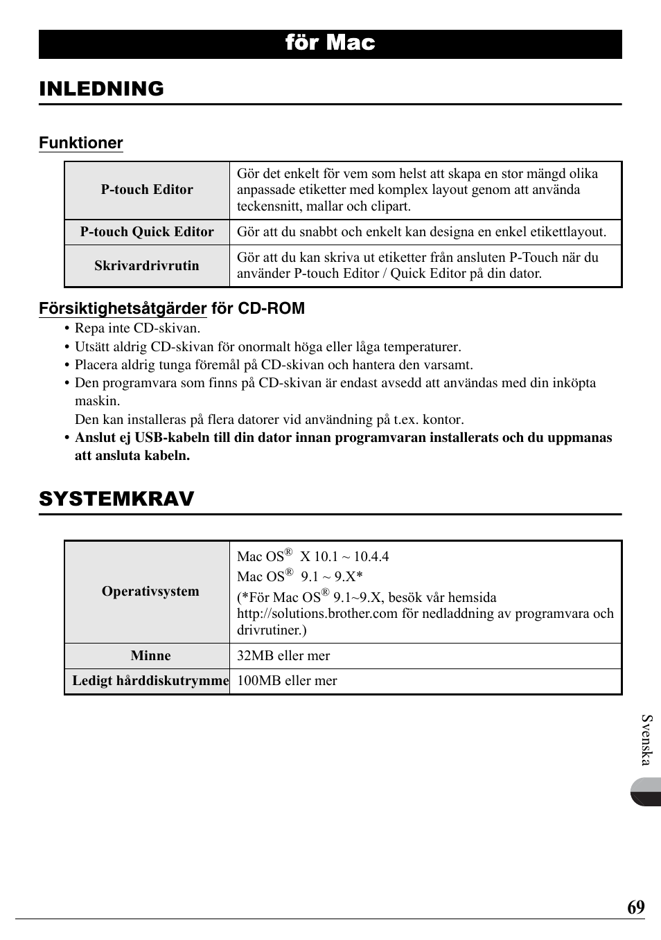 För mac, Inledning, Systemkrav | Brother PT-2700 User Manual | Page 70 / 90