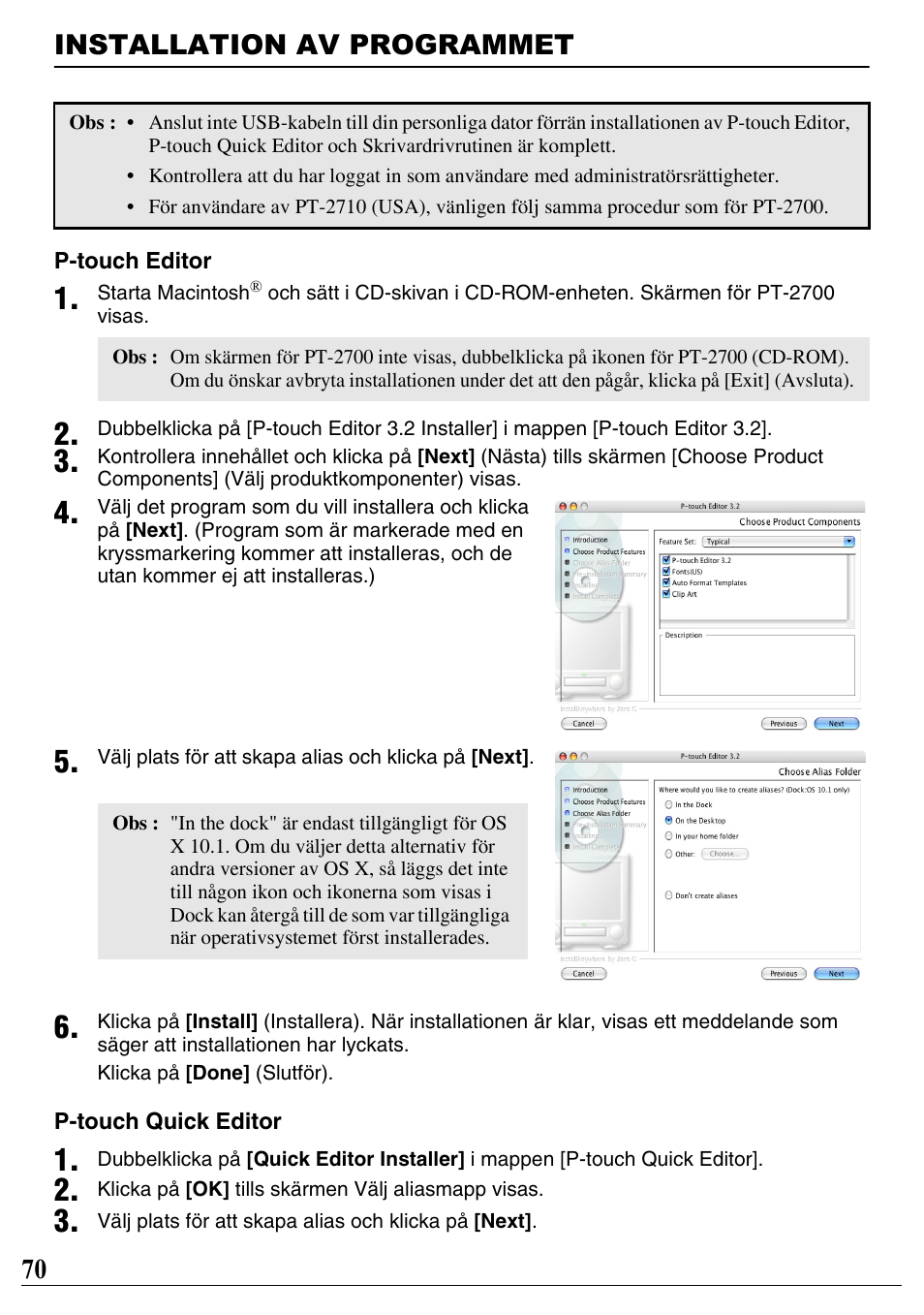 Installation av programmet, 70 installation av programmet | Brother PT-2700 User Manual | Page 71 / 90