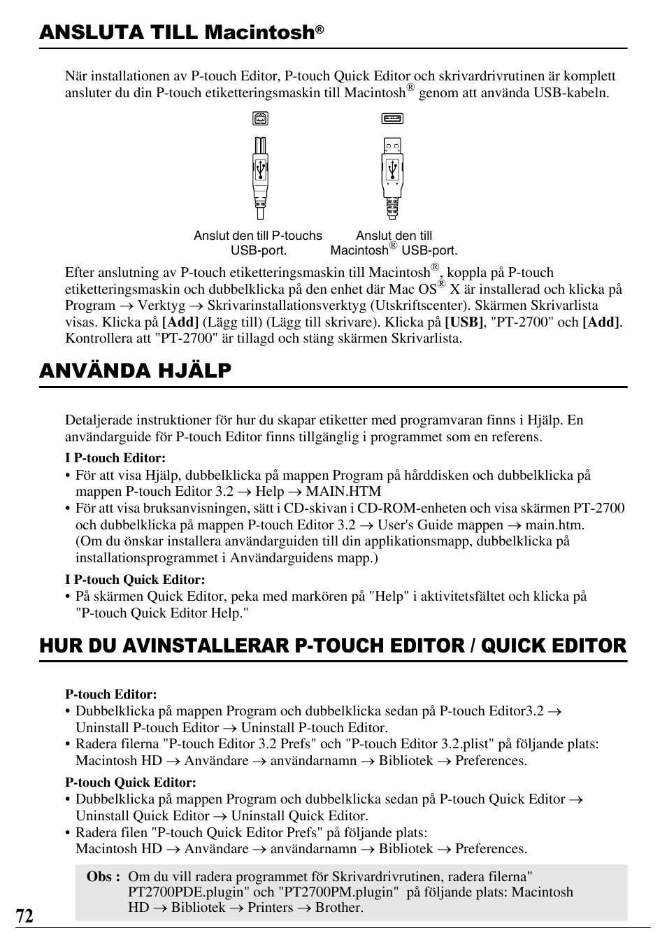 Ansluta till macintosh, Använda hjälp, Hur du avinstallerar p-touch editor / quick editor | 72 ansluta till macintosh | Brother PT-2700 User Manual | Page 73 / 90