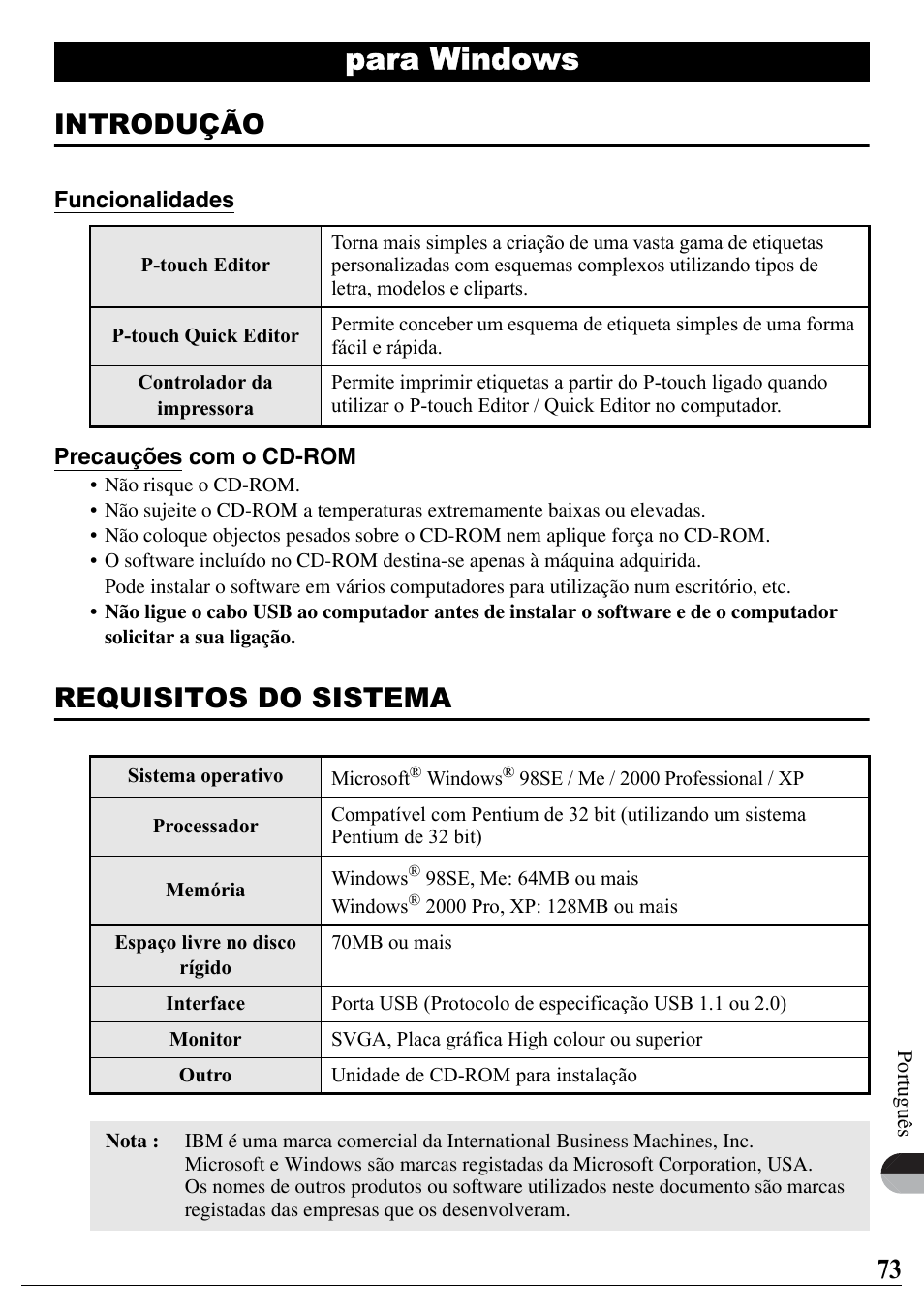 Português, Para windows, Introdução | Requisitos do sistema | Brother PT-2700 User Manual | Page 74 / 90