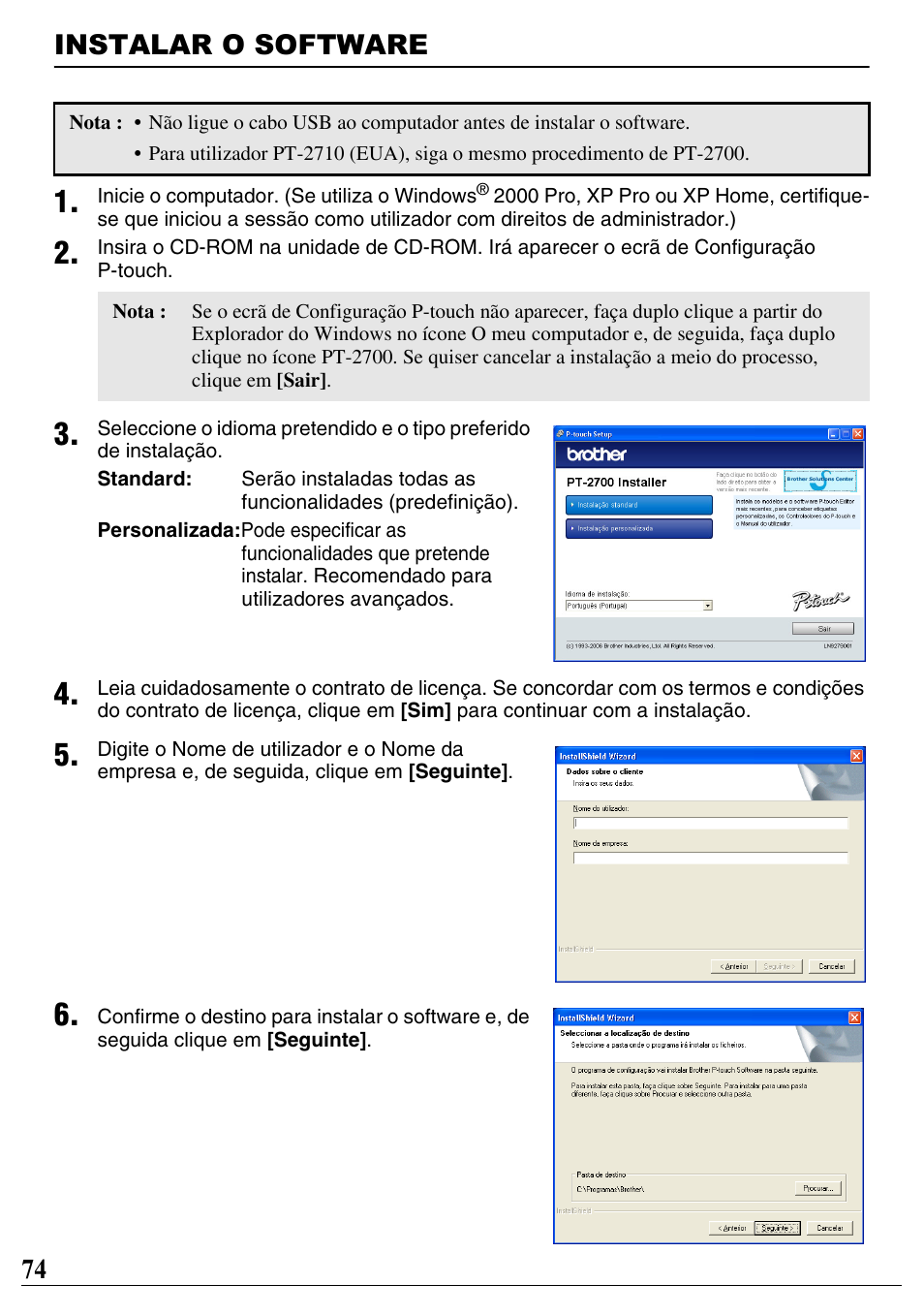 Instalar o software, 74 instalar o software | Brother PT-2700 User Manual | Page 75 / 90