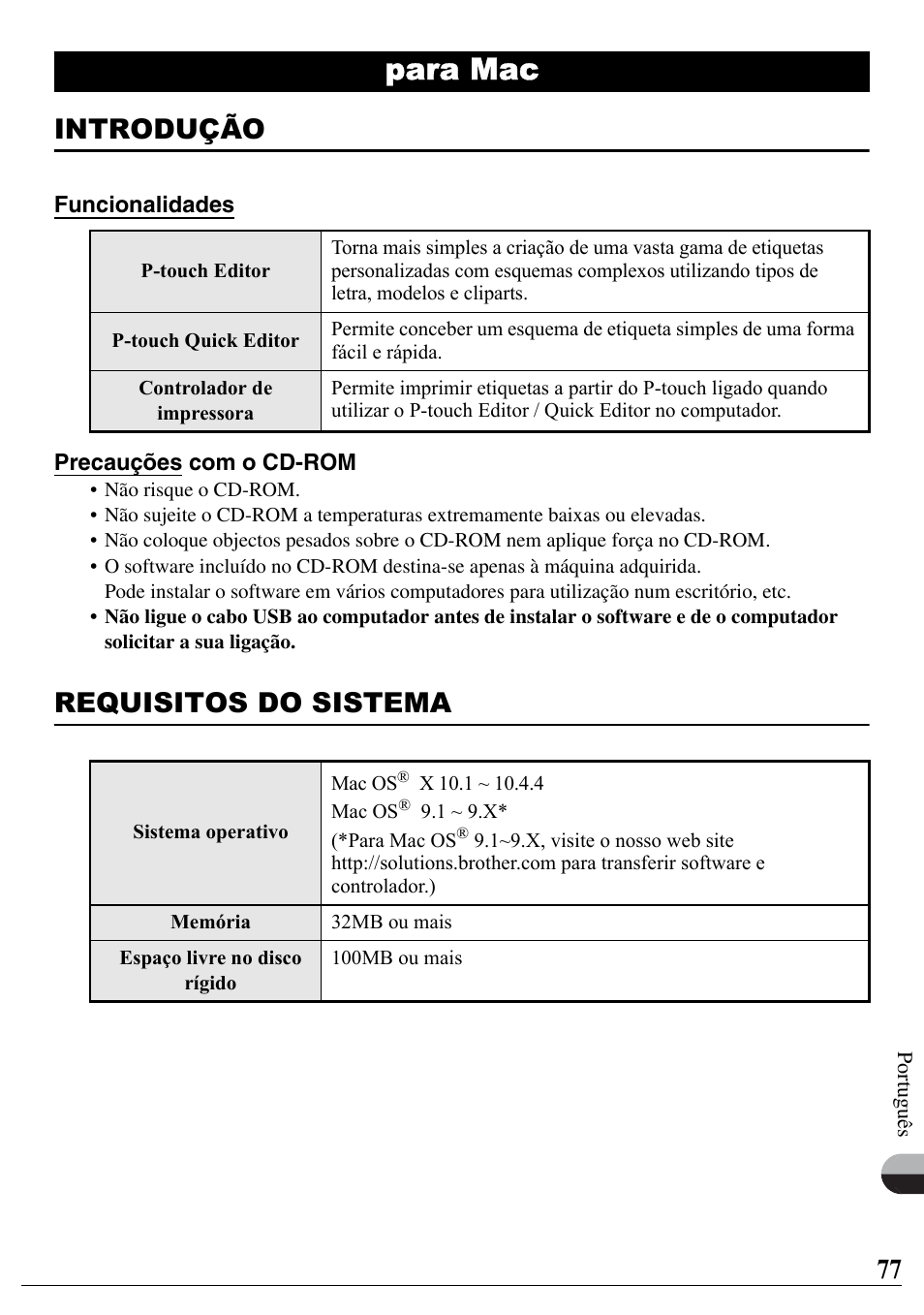 Para mac, Introdução, Requisitos do sistema | Brother PT-2700 User Manual | Page 78 / 90