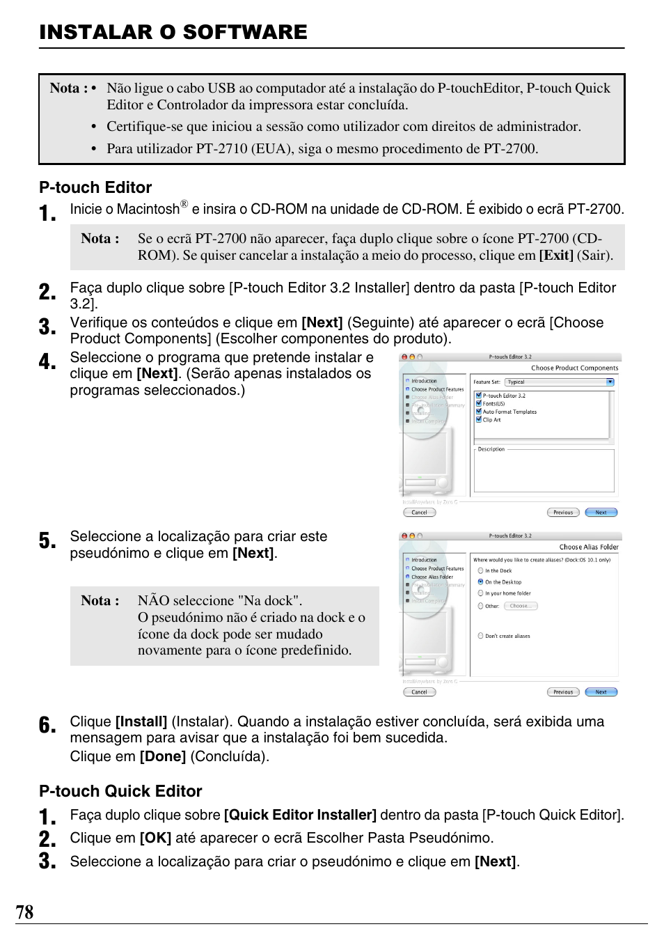 Instalar o software, 78 instalar o software | Brother PT-2700 User Manual | Page 79 / 90