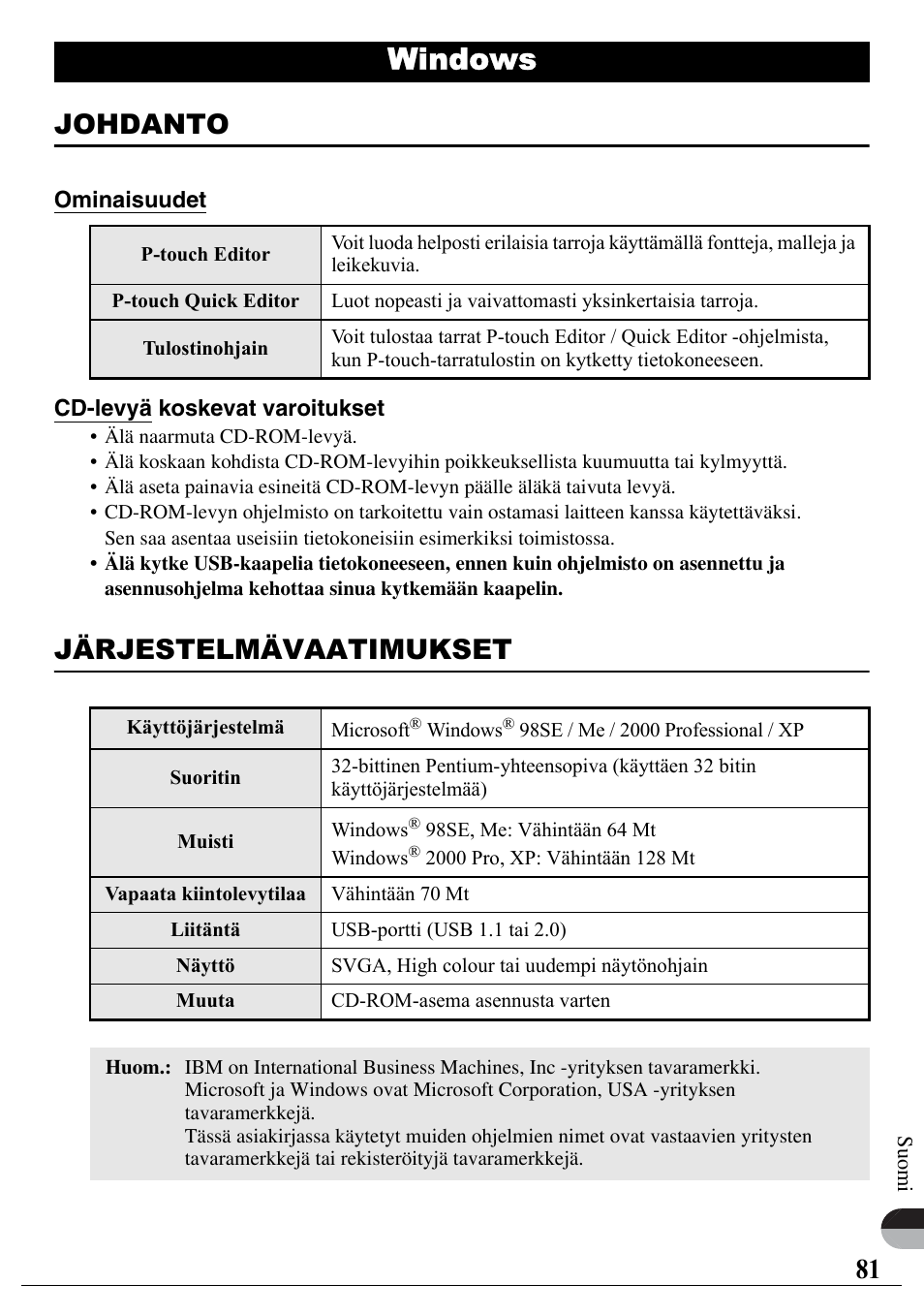 Suomi, Windows, Johdanto | Järjestelmävaatimukset | Brother PT-2700 User Manual | Page 82 / 90