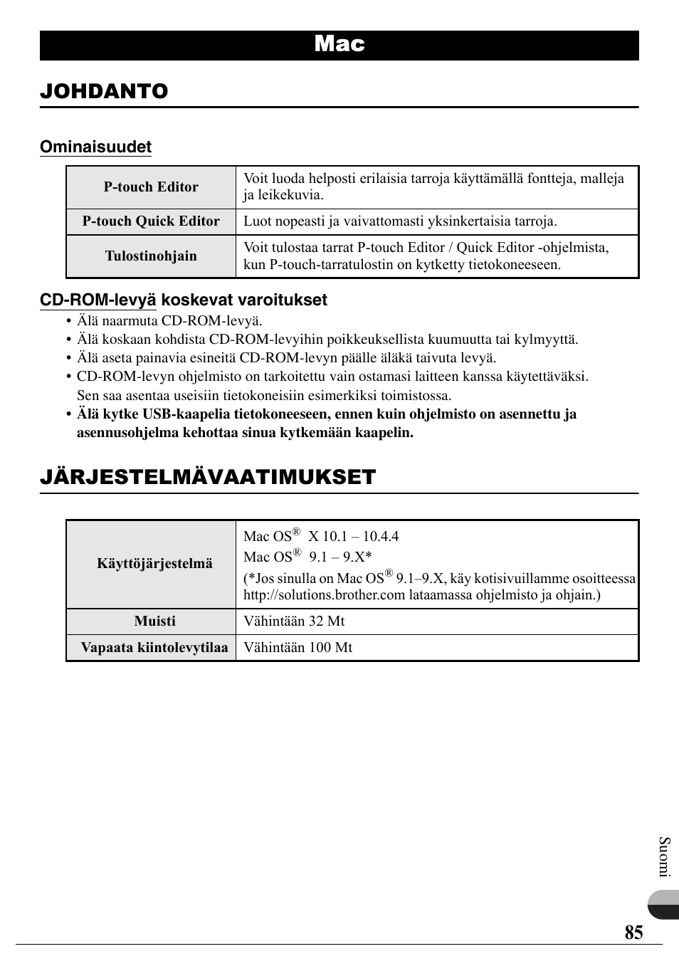 Johdanto, Järjestelmävaatimukset | Brother PT-2700 User Manual | Page 86 / 90