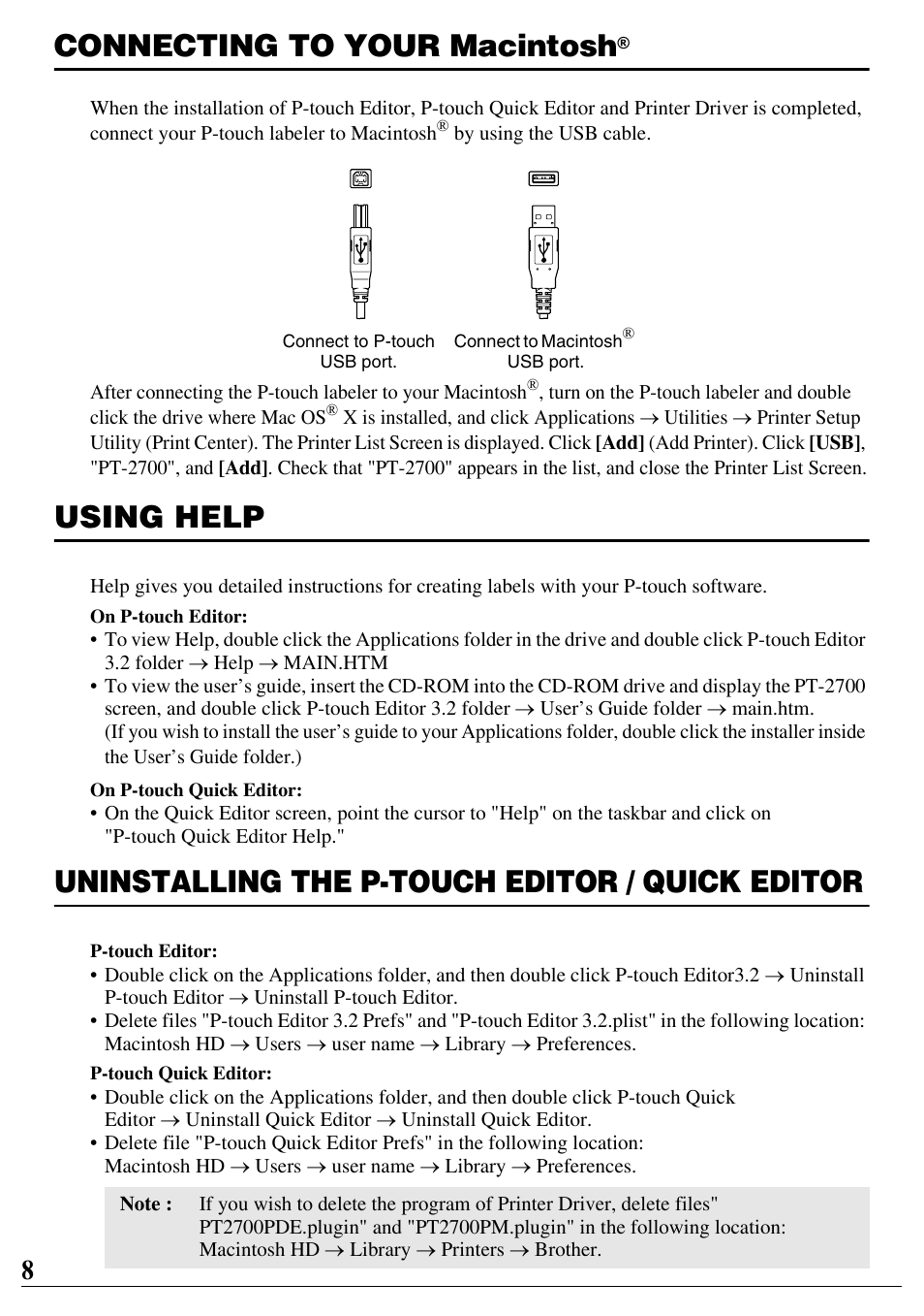 Connecting to your macintosh, Using help, Uninstalling the p-touch editor / quick editor | Brother PT-2700 User Manual | Page 9 / 90