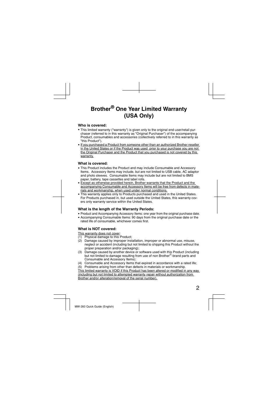 Brother, One year limited warranty (usa only) | Brother MW-260 User Manual | Page 3 / 16