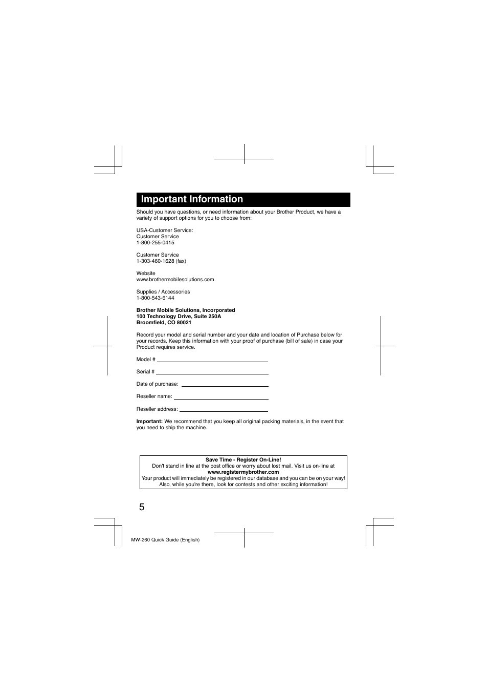 Important information | Brother MW-260 User Manual | Page 6 / 16