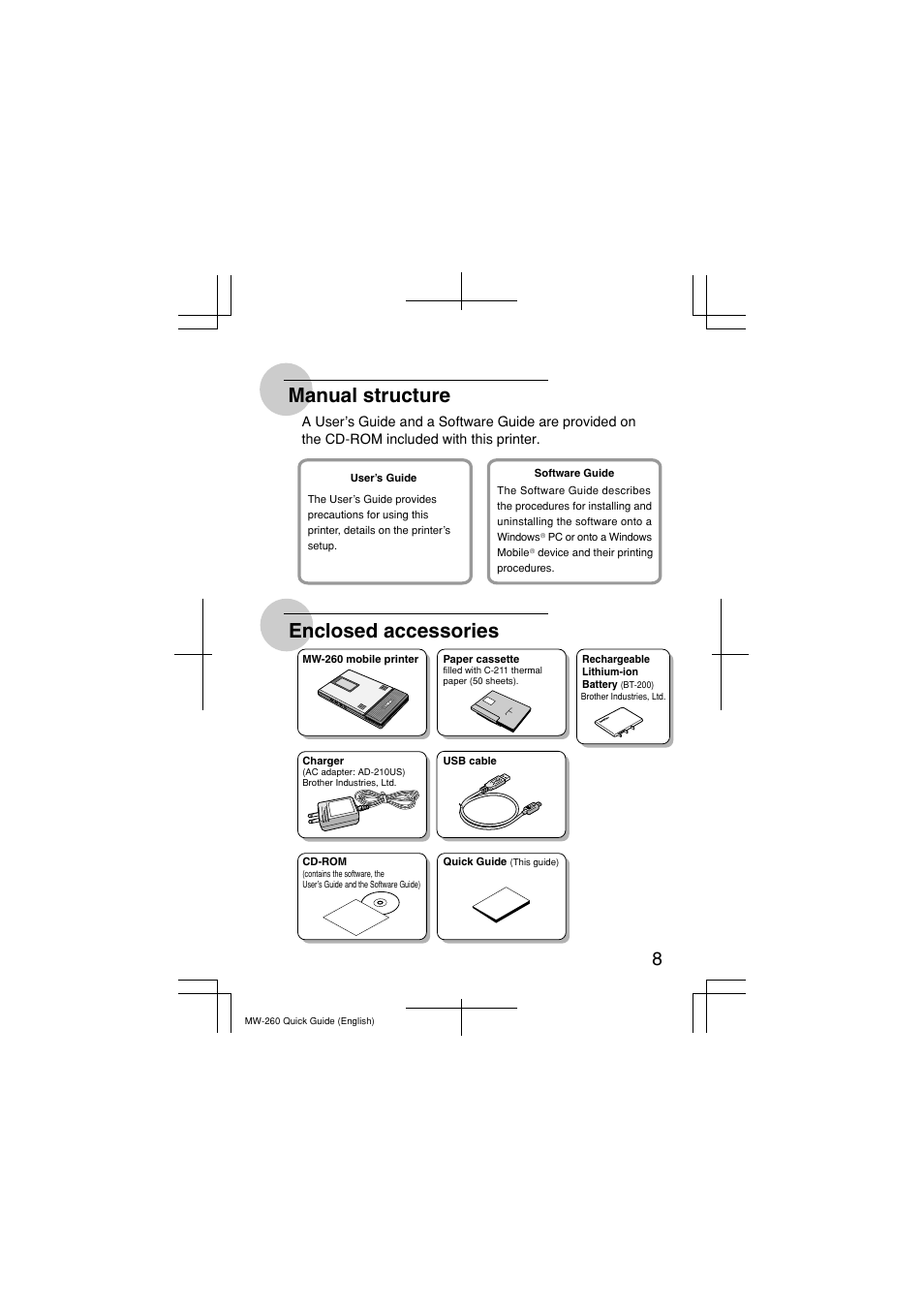 Manual structure enclosed accessories | Brother MW-260 User Manual | Page 9 / 16