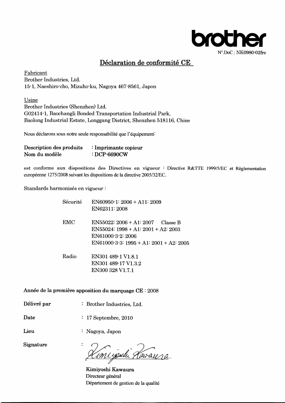 Déclaration de conformité ce, Brother | Brother DCP-6690CW User Manual | Page 2 / 7