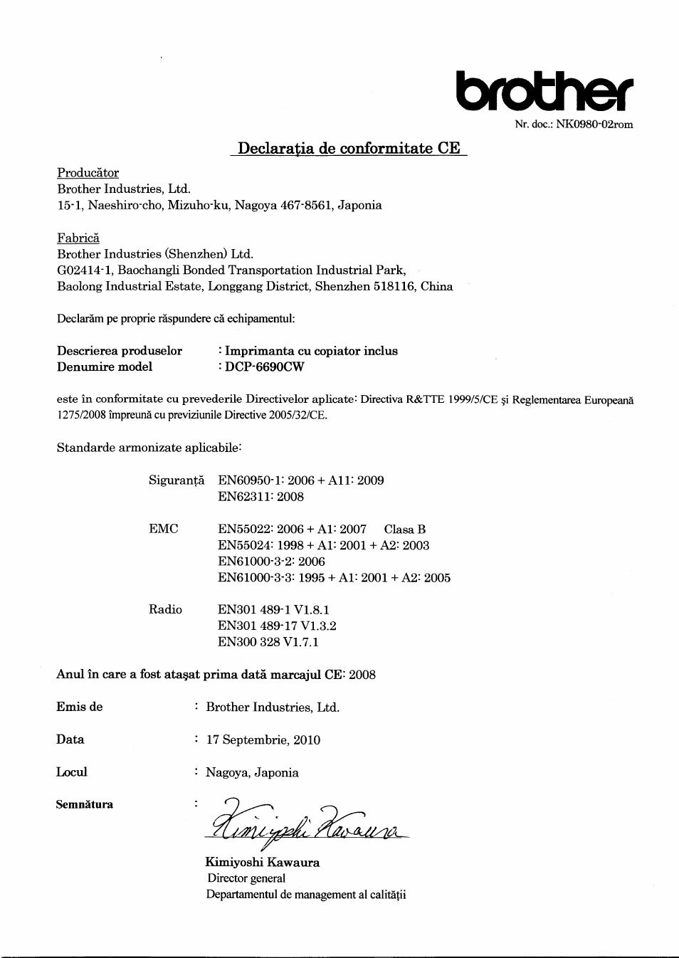 Declaratia de conformitate ce, Semnàtura, Brother | Brother DCP-6690CW User Manual | Page 6 / 7