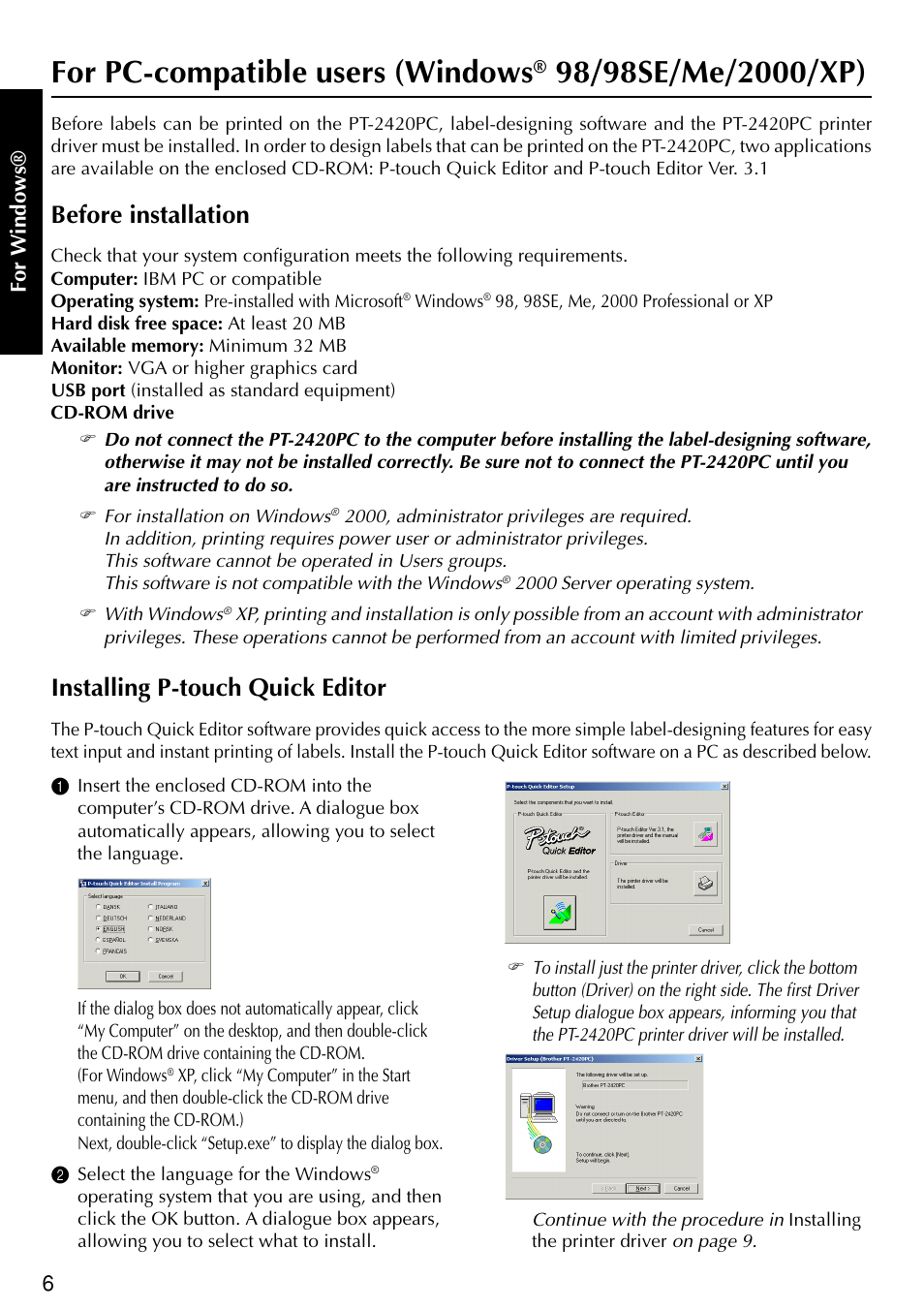 For pc-compatible users (windows, Before installation, Installing p-touch quick editor | Brother PT-2420PC User Manual | Page 10 / 280
