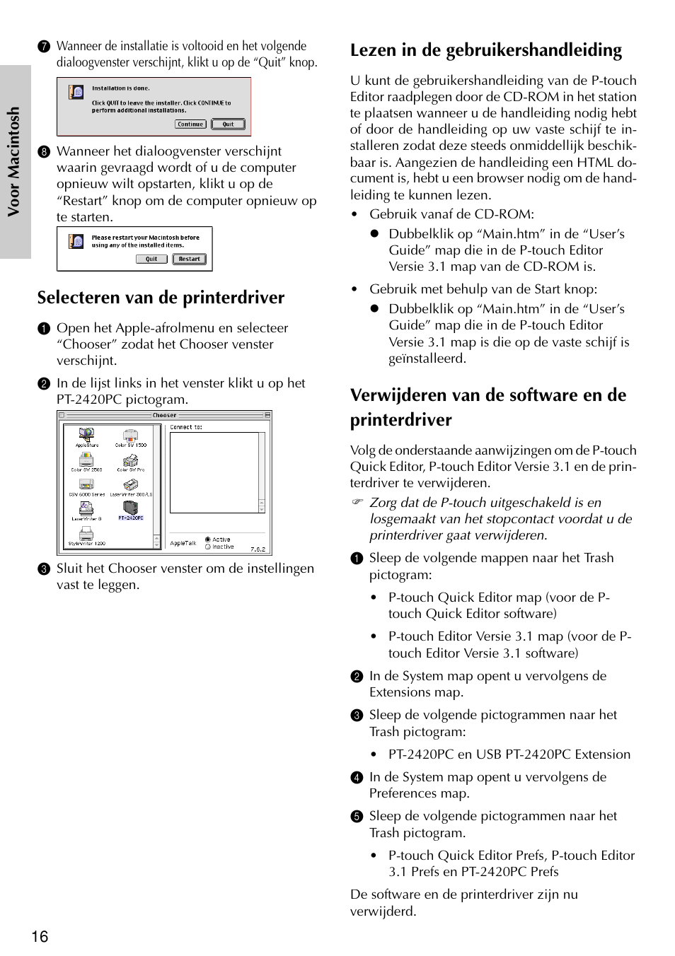 Selecteren van de printerdriver, Lezen in de gebruikershandleiding, Verwijderen van de software en de printerdriver | Brother PT-2420PC User Manual | Page 114 / 280
