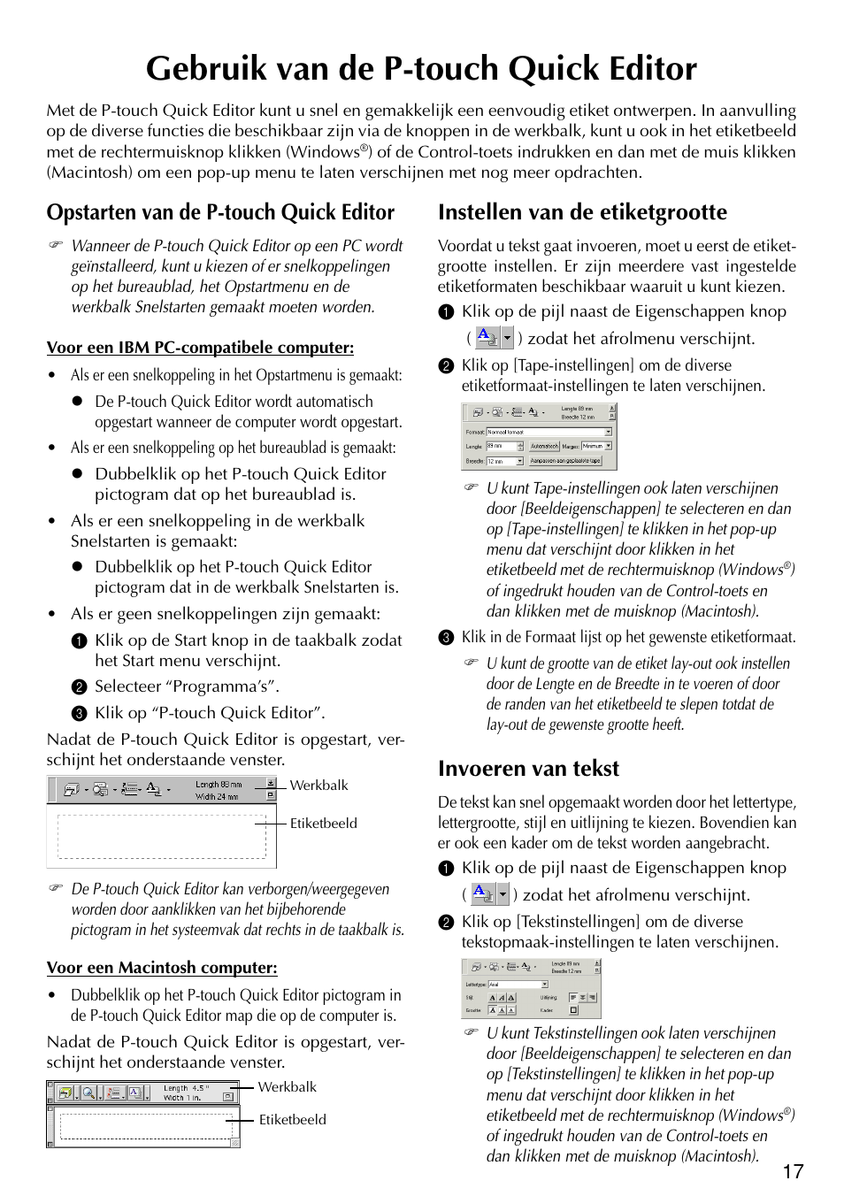 Gebruik van de p-touch quick editor, Instellen van de etiketgrootte, Invoeren van tekst | Opstarten van de p-touch quick editor | Brother PT-2420PC User Manual | Page 115 / 280