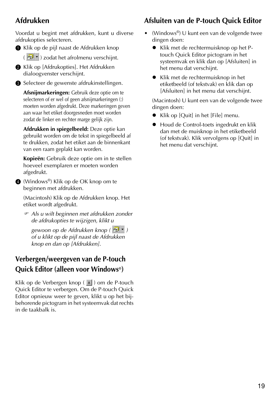 Afdrukken, Afsluiten van de p-touch quick editor | Brother PT-2420PC User Manual | Page 117 / 280