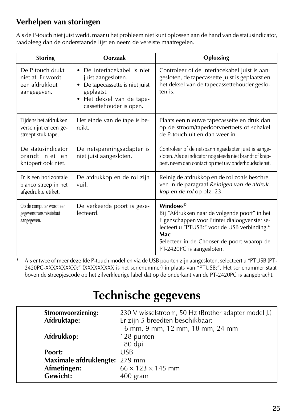 Technische gegevens, Verhelpen van storingen | Brother PT-2420PC User Manual | Page 123 / 280