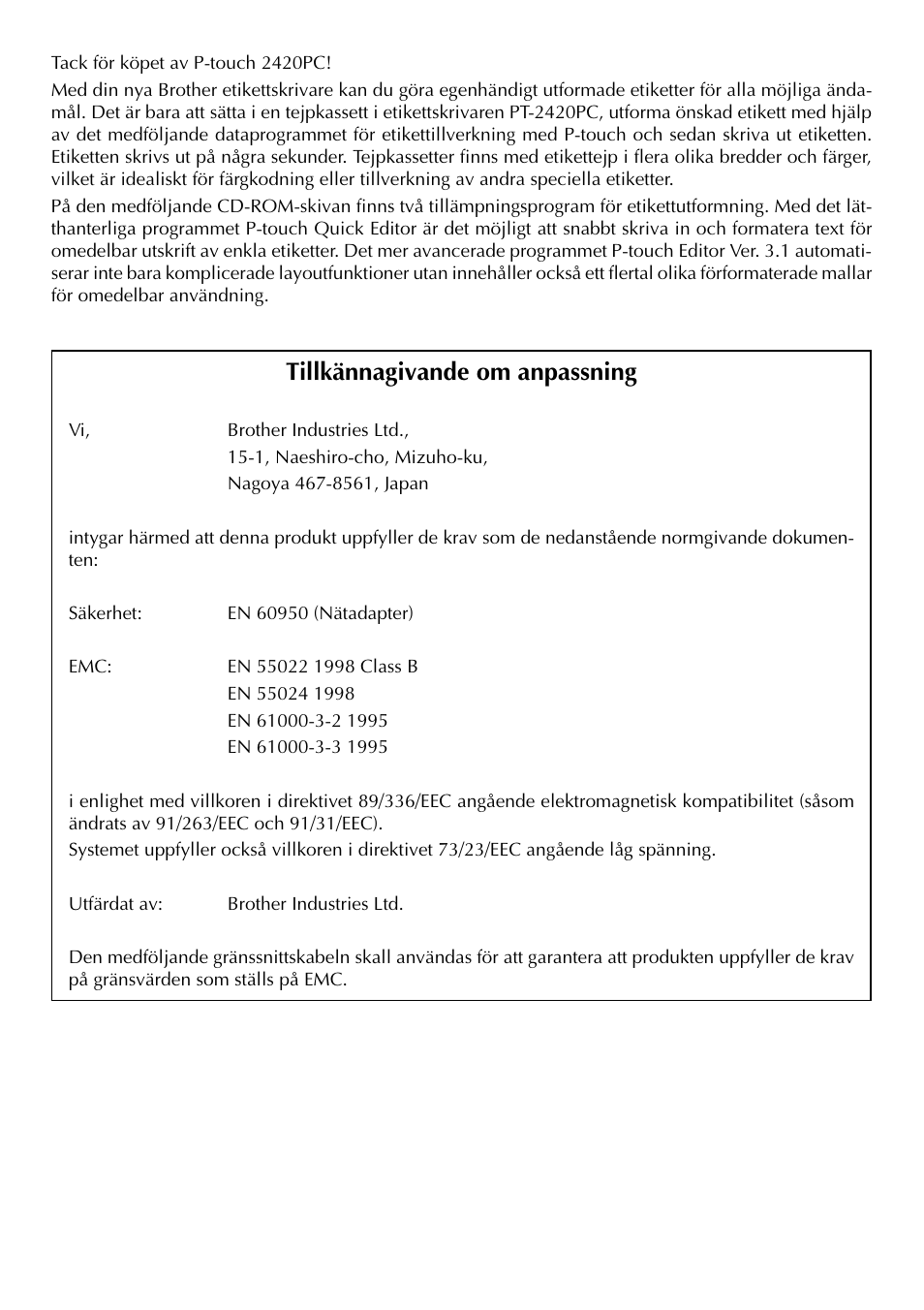 Tillkännagivande om anpassning | Brother PT-2420PC User Manual | Page 128 / 280