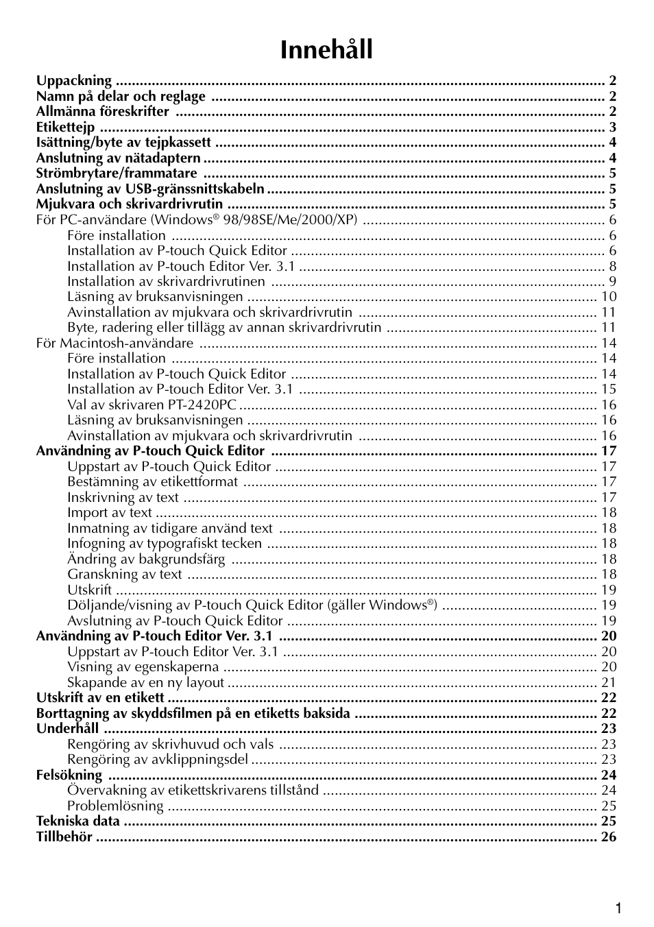Innehåll | Brother PT-2420PC User Manual | Page 129 / 280