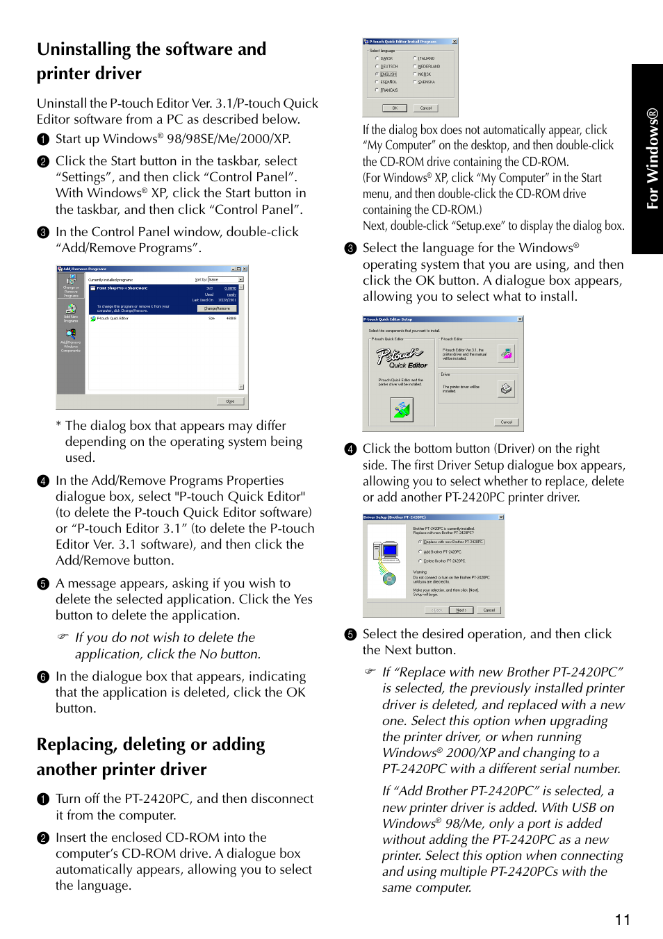 Uninstalling the software and printer driver, For w indows | Brother PT-2420PC User Manual | Page 15 / 280