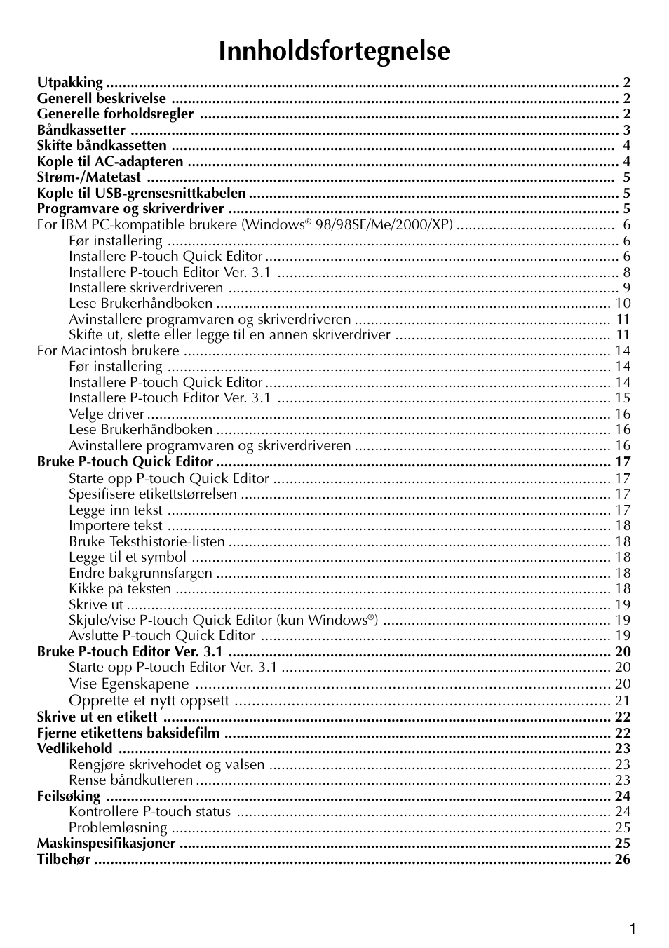 Innholdsfortegnelse | Brother PT-2420PC User Manual | Page 159 / 280