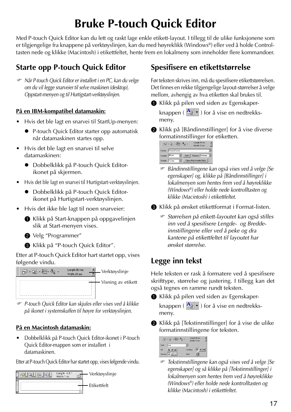 Bruke p-touch quick editor, Starte opp p-touch quick editor, Spesifisere en etikettstørrelse | Legge inn tekst | Brother PT-2420PC User Manual | Page 175 / 280