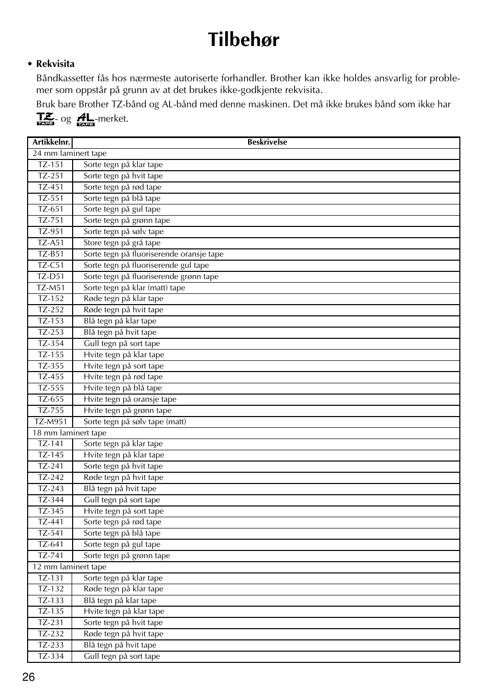 Tilbehør | Brother PT-2420PC User Manual | Page 184 / 280