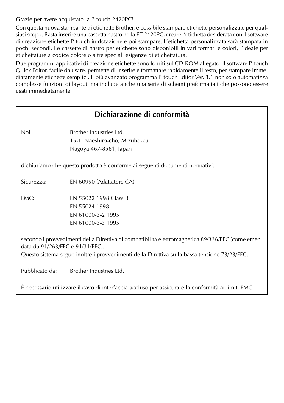 Dichiarazione di conformità | Brother PT-2420PC User Manual | Page 188 / 280