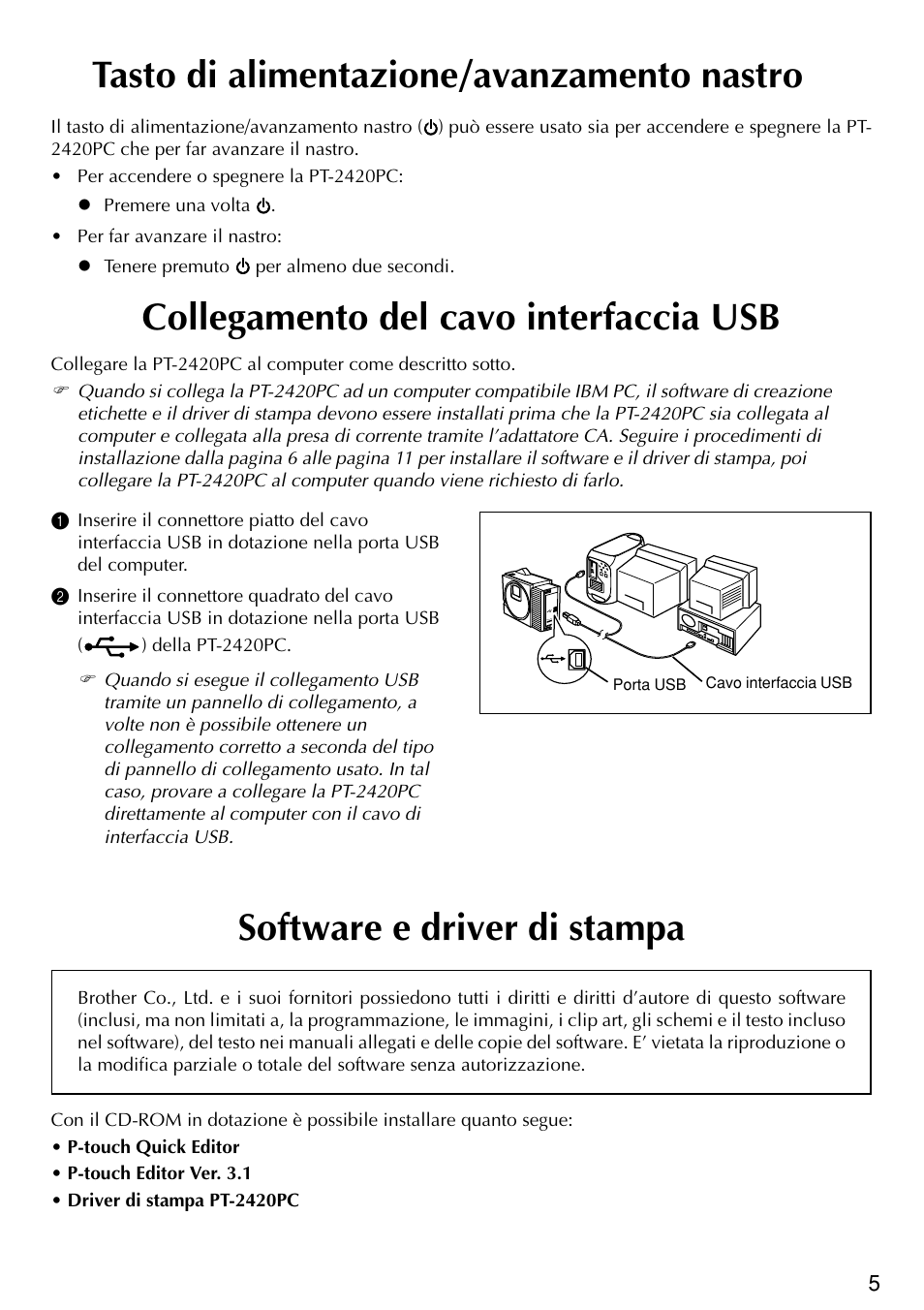 Tasto di alimentazione/avanzamento nastro | Brother PT-2420PC User Manual | Page 193 / 280