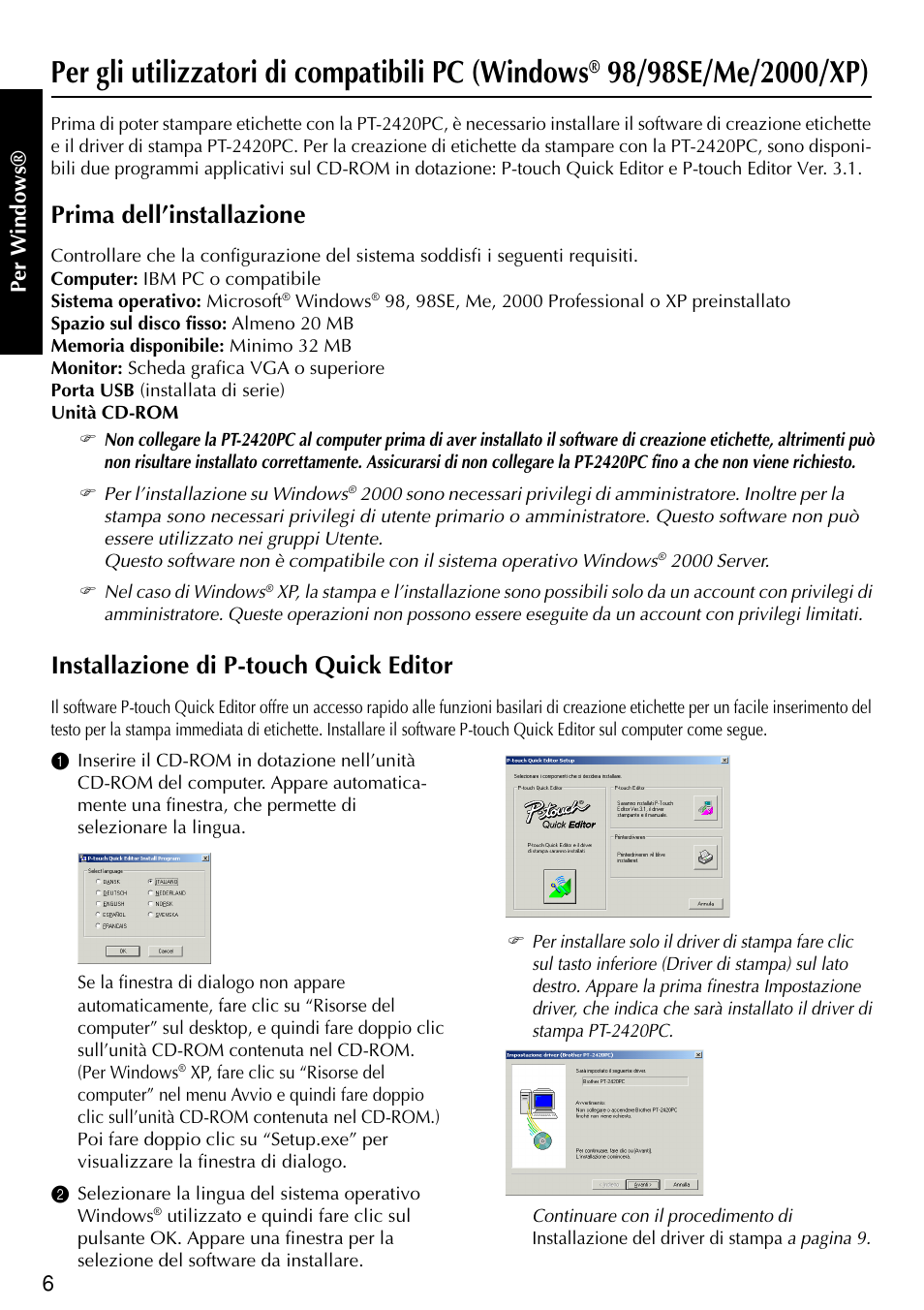 Per gli utilizzatori di compatibili pc (windows, Prima dell’installazione, Installazione di p-touch quick editor | Brother PT-2420PC User Manual | Page 194 / 280