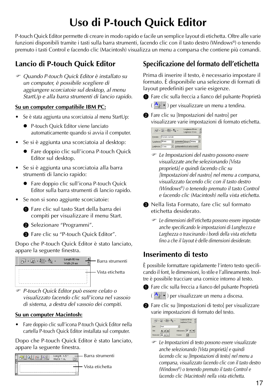 Uso di p-touch quick editor, Specificazione del formato dell’etichetta, Inserimento di testo | Lancio di p-touch quick editor | Brother PT-2420PC User Manual | Page 205 / 280
