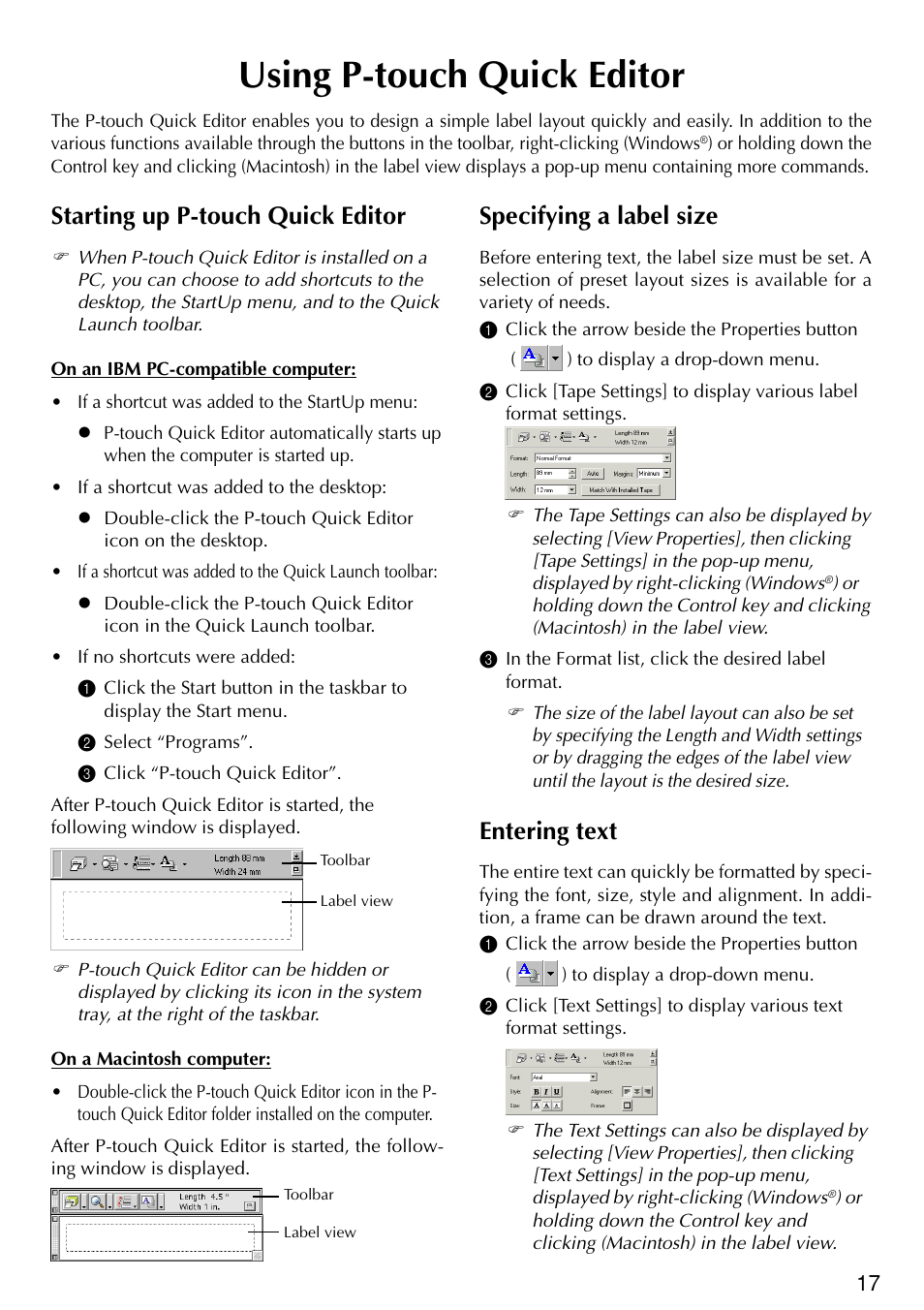 Using p-touch quick editor, Specifying a label size, Entering text | Starting up p-touch quick editor | Brother PT-2420PC User Manual | Page 21 / 280