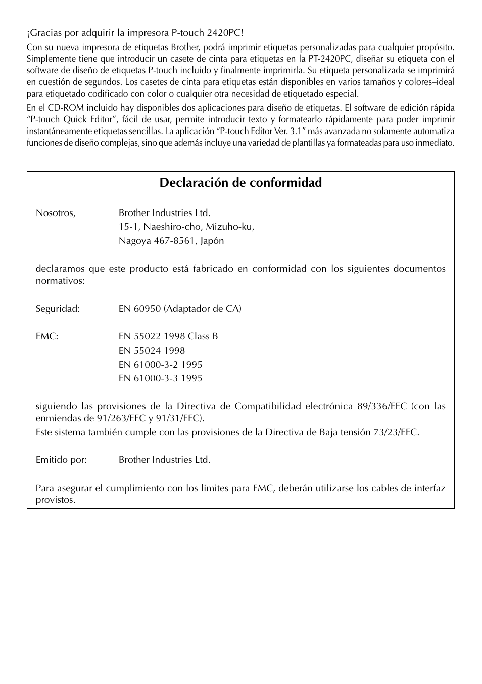 Declaración de conformidad | Brother PT-2420PC User Manual | Page 218 / 280