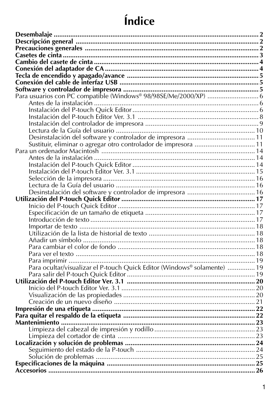 Índice | Brother PT-2420PC User Manual | Page 219 / 280