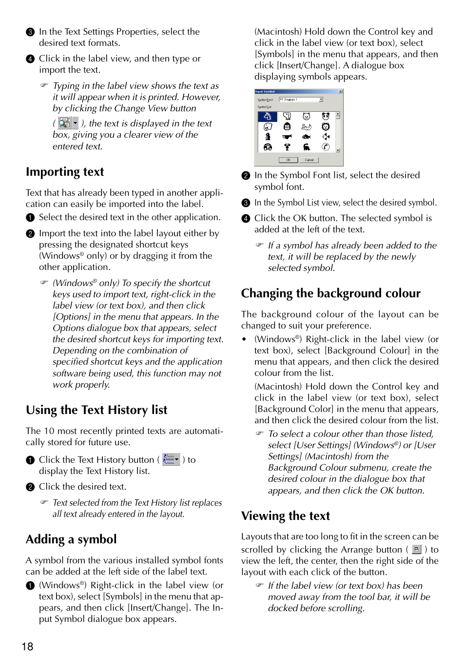 Changing the background colour, Viewing the text, Importing text | Using the text history list, Adding a symbol | Brother PT-2420PC User Manual | Page 22 / 280