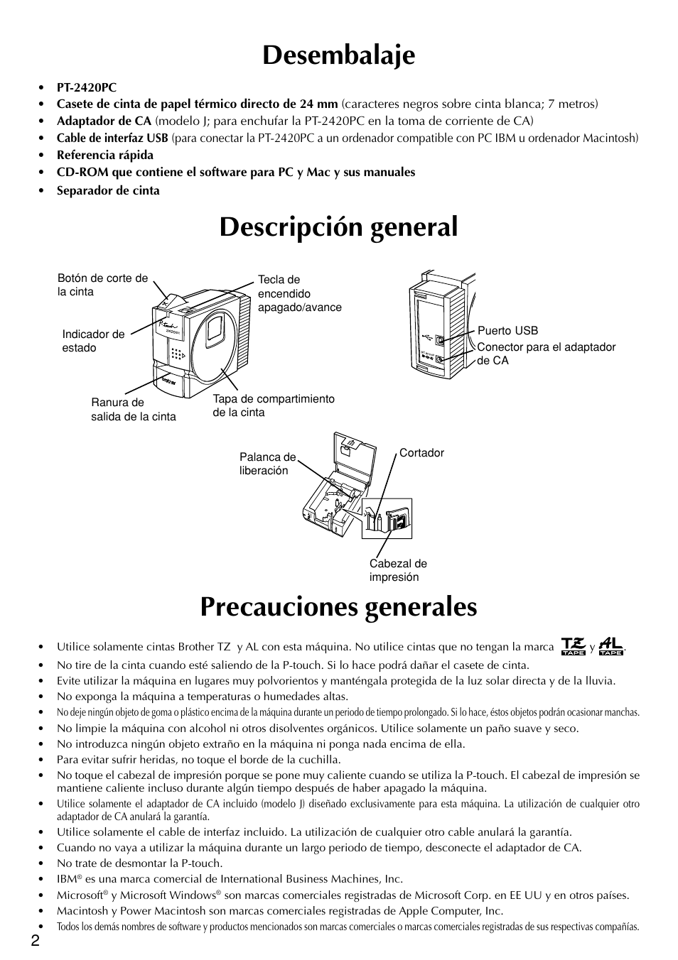 Descripción general precauciones generales, Desembalaje | Brother PT-2420PC User Manual | Page 220 / 280