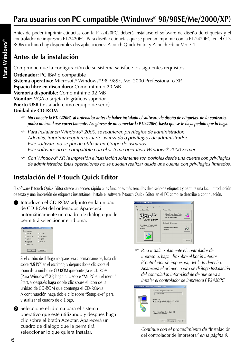 Para usuarios con pc compatible (windows, Antes de la instalación, Instalación del p-touch quick editor | Brother PT-2420PC User Manual | Page 224 / 280
