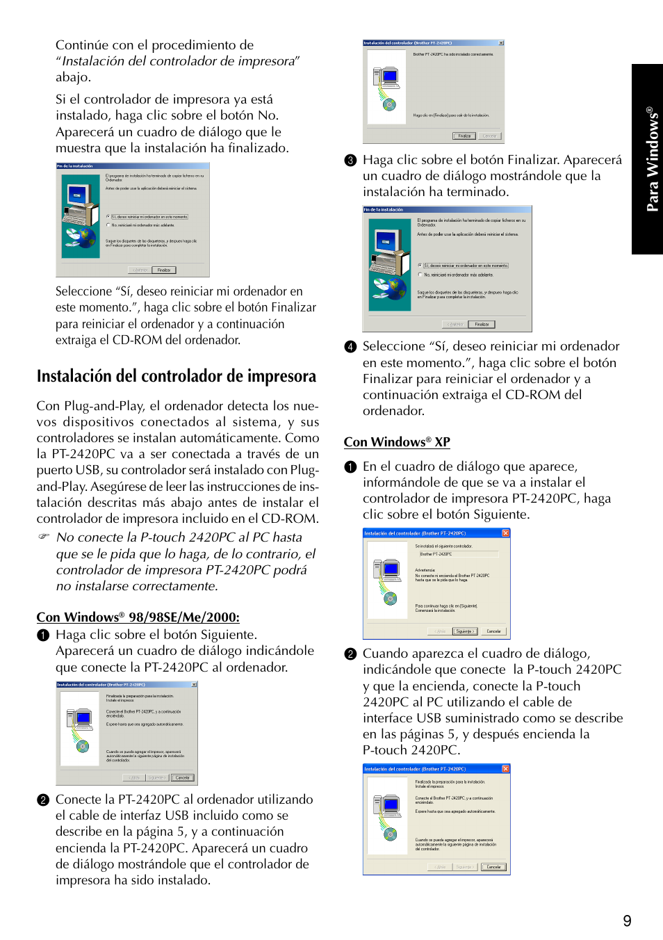 Instalación del controlador de impresora | Brother PT-2420PC User Manual | Page 227 / 280