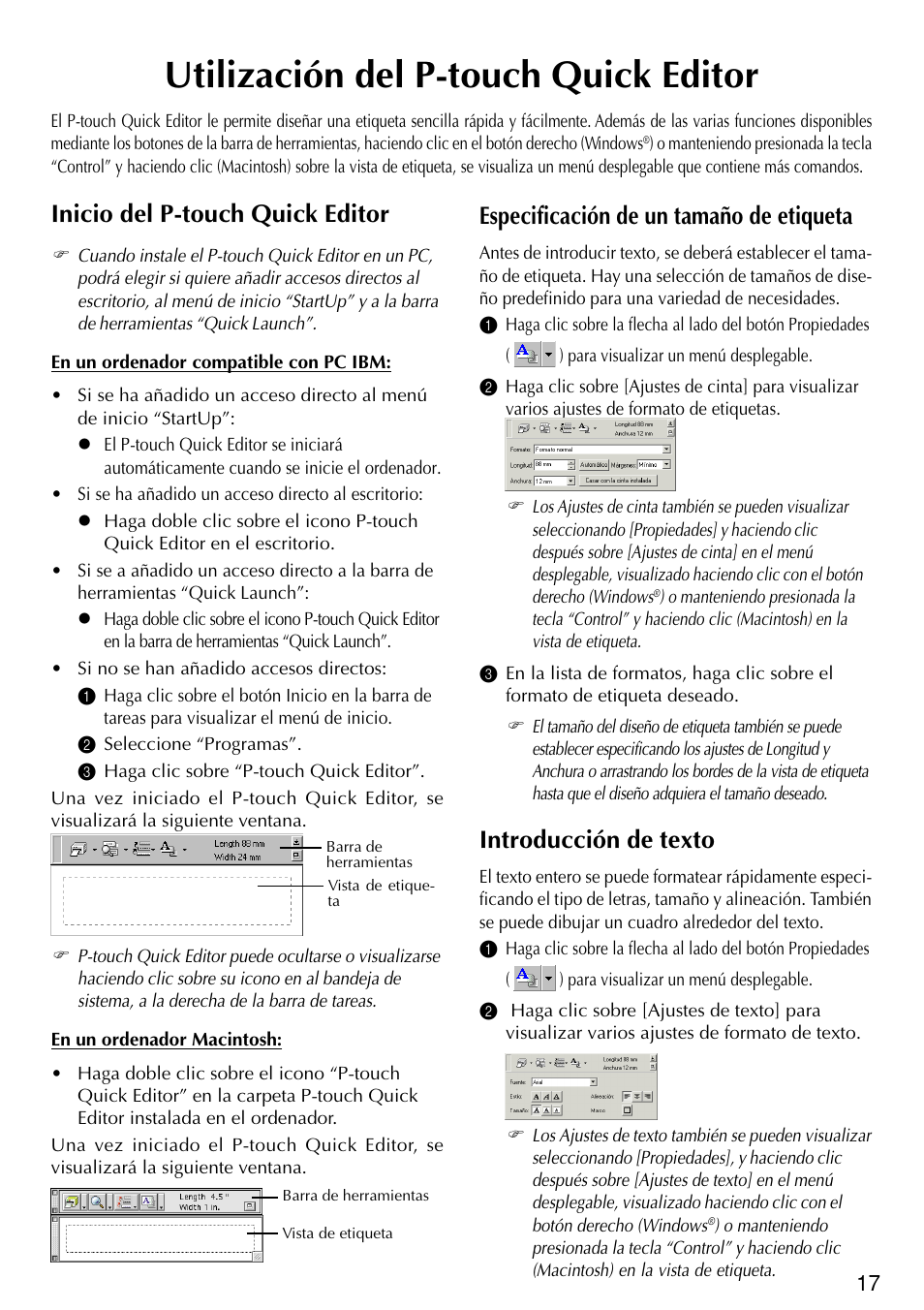 Utilización del p-touch quick editor, Inicio del p-touch quick editor, Especificación de un tamaño de etiqueta | Introducción de texto | Brother PT-2420PC User Manual | Page 235 / 280