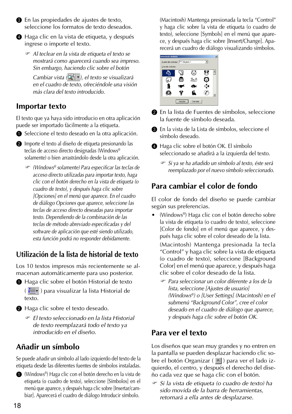 Importar texto, Utilización de la lista de historial de texto, Añadir un símbolo | Para cambiar el color de fondo, Para ver el texto | Brother PT-2420PC User Manual | Page 236 / 280