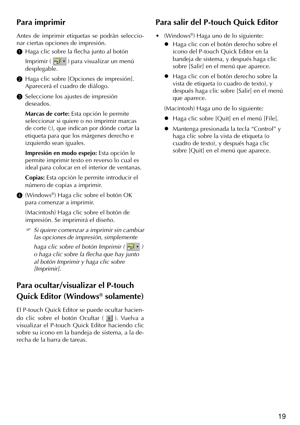 Para imprimir, Solamente), Para salir del p-touch quick editor | Brother PT-2420PC User Manual | Page 237 / 280