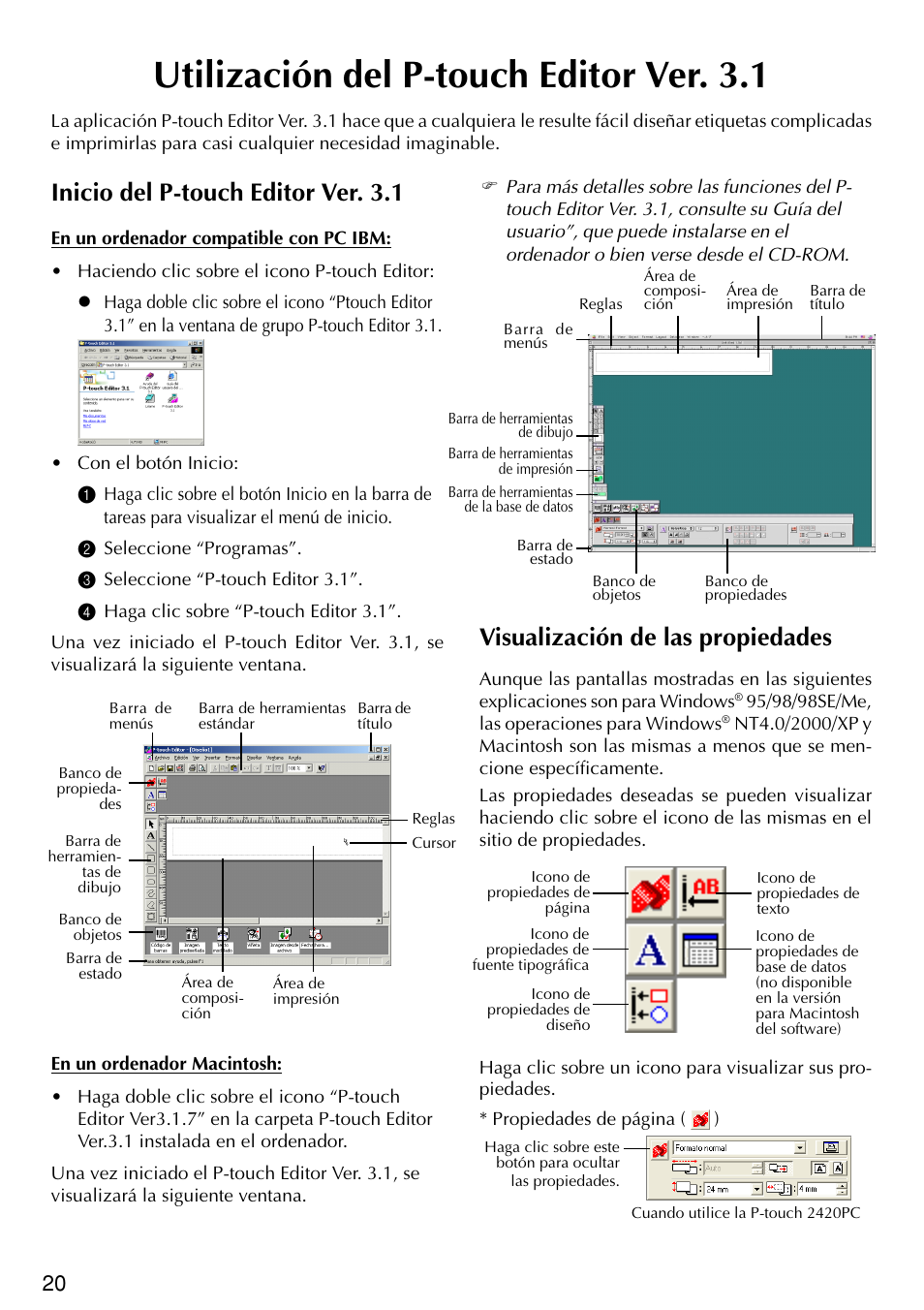 Utilización del p-touch editor ver. 3.1, Inicio del p-touch editor ver. 3.1, Visualización de las propiedades | Brother PT-2420PC User Manual | Page 238 / 280