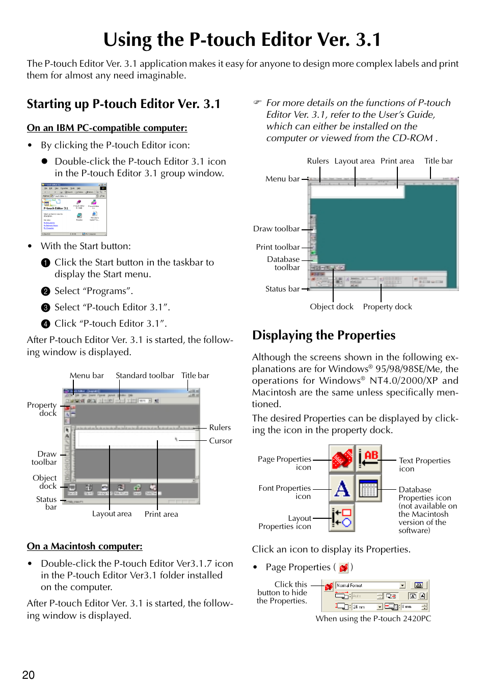 Using the p-touch editor ver. 3.1, Starting up p-touch editor ver. 3.1, Displaying the properties | Brother PT-2420PC User Manual | Page 24 / 280