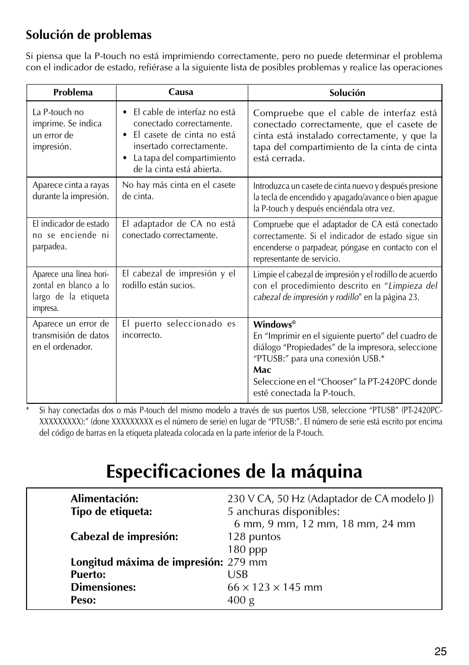 Especificaciones de la máquina, Solución de problemas | Brother PT-2420PC User Manual | Page 243 / 280