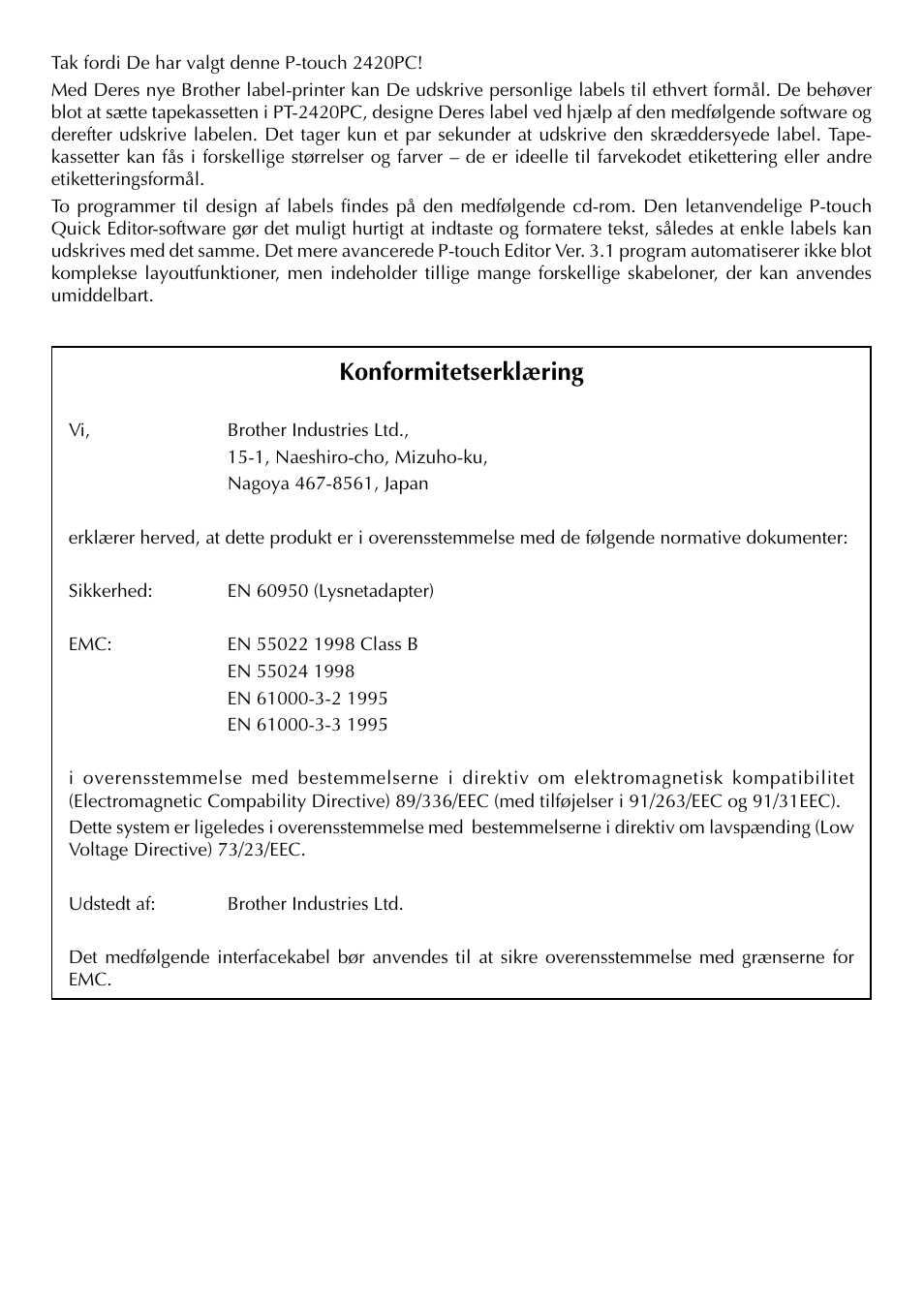 Konformitetserklæring | Brother PT-2420PC User Manual | Page 248 / 280
