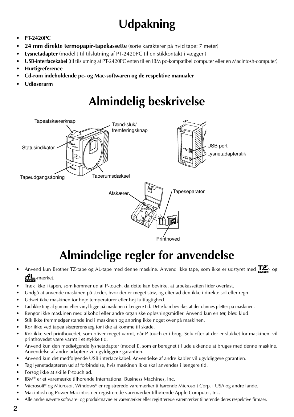 Udpakning | Brother PT-2420PC User Manual | Page 250 / 280