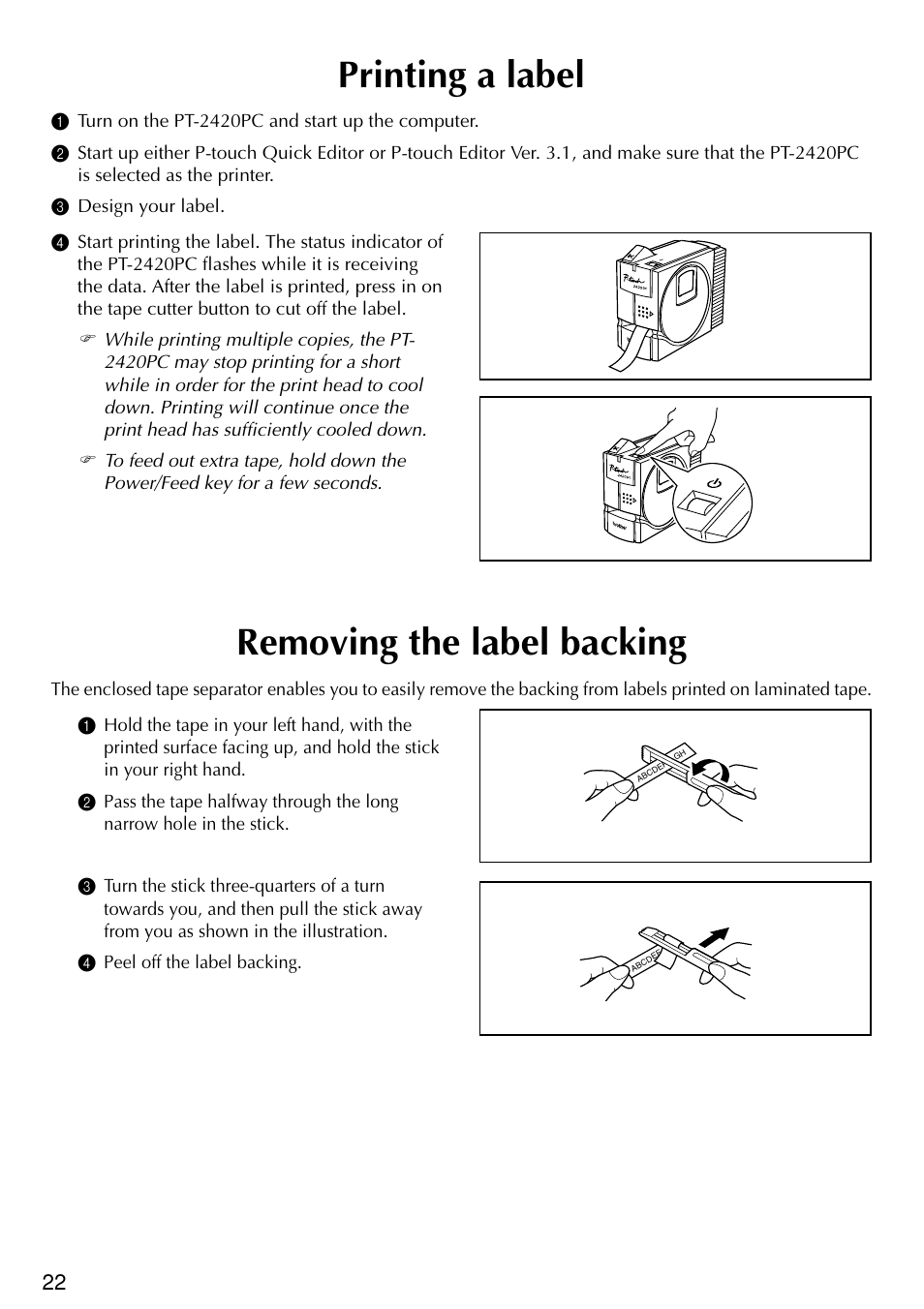 Printing a label, Removing the label backing | Brother PT-2420PC User Manual | Page 26 / 280