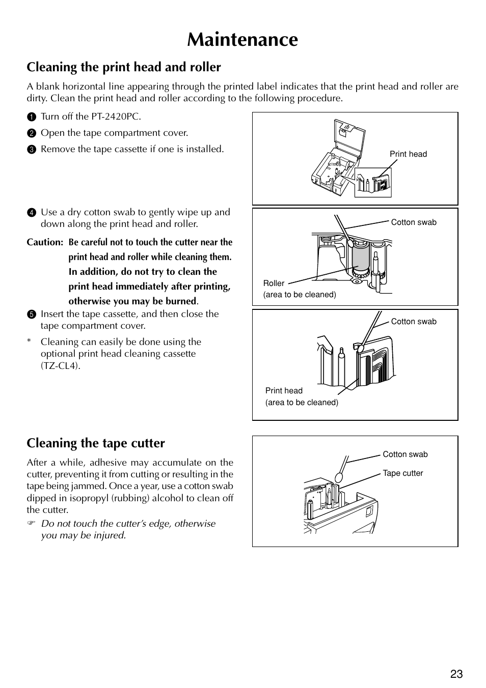 Maintenance, Cleaning the print head and roller, Cleaning the tape cutter | Brother PT-2420PC User Manual | Page 27 / 280
